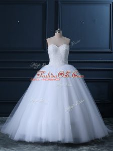 White Sleeveless Beading Lace Up Wedding Dress