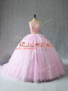 Court Train Two Pieces Quinceanera Dresses Baby Pink Halter Top Tulle Sleeveless Zipper
