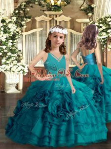 Cheap Floor Length Teal Little Girl Pageant Gowns V-neck Sleeveless Zipper