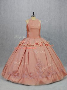 Peach Zipper Scoop Embroidery 15 Quinceanera Dress Taffeta Sleeveless