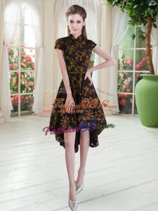 Dramatic Brown Zipper High-neck Appliques Lace Short Sleeves