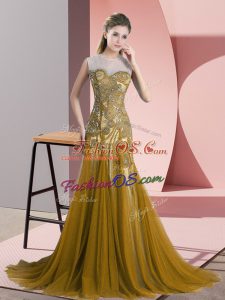 Brown Prom and Party and Military Ball with Beading and Appliques Scoop Sleeveless Sweep Train Backless