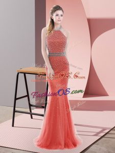 Sleeveless Sweep Train Backless Beading Prom Dress