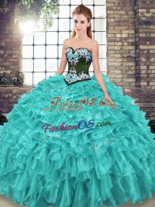 Inexpensive Turquoise 15th Birthday Dress Sweetheart Sleeveless Sweep Train Lace Up