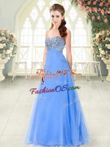 Floor Length Blue Prom Gown Tulle Sleeveless Beading