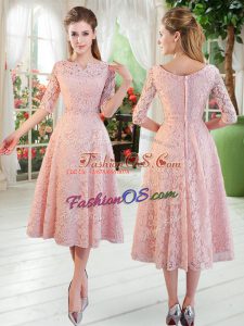 A-line Evening Dress Pink Off The Shoulder Lace Half Sleeves Tea Length Zipper
