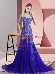 Blue Scoop Neckline Beading and Appliques Prom Dresses Sleeveless Backless