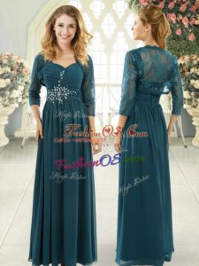 Flirting Short Sleeves Chiffon Sweep Train Zipper Prom Dresses in Teal with Beading and Ruching