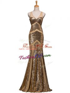 V-neck Sleeveless Sweep Train Backless Prom Gown Brown Sequined