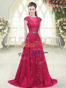 Pink A-line Beading and Lace and Appliques Evening Dress Zipper Tulle Cap Sleeves
