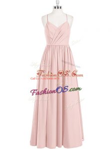 Empire Evening Dress Pink Spaghetti Straps Chiffon Sleeveless Floor Length Criss Cross