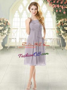 Traditional Grey Empire Halter Top Sleeveless Chiffon Knee Length Zipper Ruching Evening Dress