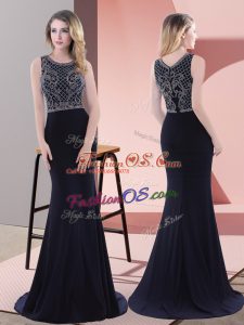 Extravagant Mermaid Sleeveless Navy Blue Prom Dresses Sweep Train Zipper