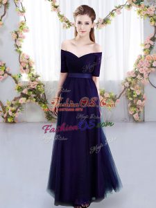 Off The Shoulder Short Sleeves Tulle Wedding Party Dress Ruching Lace Up