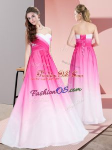 Graceful Pink And White Sleeveless Chiffon Lace Up Dress for Prom for Prom and Party