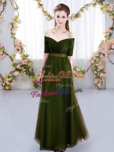 Empire Quinceanera Dama Dress Olive Green Off The Shoulder Tulle Short Sleeves Floor Length Lace Up