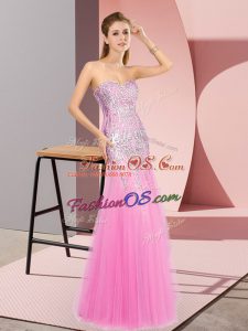 Tulle Sweetheart Sleeveless Zipper Beading Prom Gown in Rose Pink