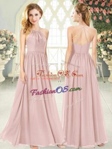 Ruching Homecoming Dress Pink Criss Cross Sleeveless Floor Length