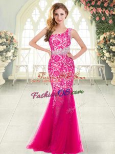 Floor Length Hot Pink Dress for Prom Tulle Sleeveless Beading and Lace