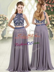 Best Selling Grey Sleeveless Beading Floor Length Homecoming Dress