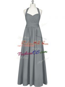 Comfortable Grey Empire Chiffon Halter Top Sleeveless Ruching Floor Length Zipper Dress for Prom