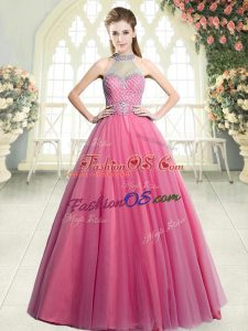 Pink A-line Halter Top Sleeveless Tulle Floor Length Zipper Beading