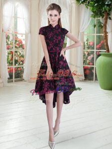 Pink And Black High-neck Neckline Appliques Dress for Prom Short Sleeves Zipper