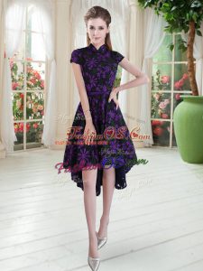 High End High-neck Short Sleeves Prom Evening Gown High Low Appliques Purple Lace
