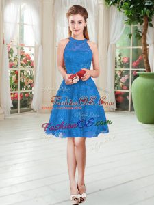 High End Blue Scoop Neckline Lace Prom Evening Gown Sleeveless Zipper