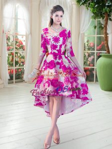 Traditional Fuchsia Prom Party Dress Prom and Party with Belt Scoop Half Sleeves Lace Up