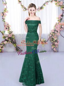 Off The Shoulder Sleeveless Lace Up Lace Dama Dress in Dark Green