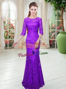 Stylish Purple Mermaid Scoop Half Sleeves Lace Floor Length Zipper Prom Gown