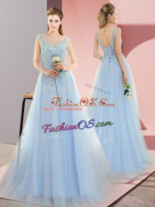 High End Blue Prom Gown Prom and Party with Beading V-neck Sleeveless Sweep Train Lace Up
