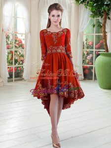 Best Red Satin Lace Up Scoop Long Sleeves High Low Prom Dress Embroidery