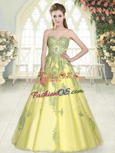 Affordable Floor Length Lace Up Prom Dresses Yellow Green for Prom and Party with Appliques