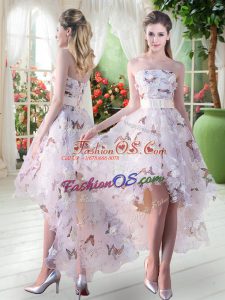 White A-line Organza Strapless Sleeveless Appliques High Low Lace Up Prom Dress