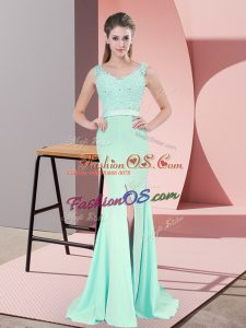 Amazing Chiffon V-neck Sleeveless Sweep Train Zipper Beading and Lace and Appliques Party Dress for Toddlers in Apple Green