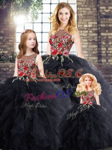 Black Scoop Neckline Embroidery and Ruffles Sweet 16 Quinceanera Dress Sleeveless Zipper