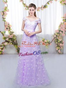 Fantastic Tulle Off The Shoulder Cap Sleeves Lace Up Appliques Quinceanera Court of Honor Dress in Lavender