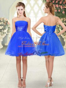 Blue Lace Up Prom Evening Gown Beading Sleeveless Mini Length