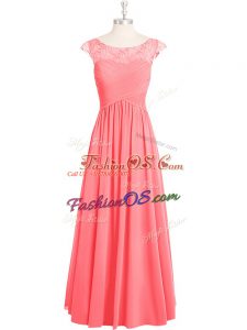 Chiffon Scoop Cap Sleeves Zipper Lace Prom Gown in Pink