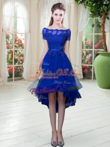 Short Sleeves High Low Appliques Lace Up Prom Gown with Royal Blue