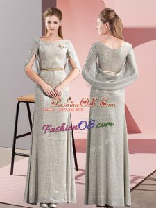 Extravagant Grey Half Sleeves Belt Floor Length Prom Dresses