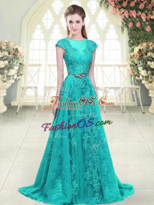 Aqua Blue and Green Zipper Scoop Beading and Lace Prom Dresses Tulle Cap Sleeves Sweep Train