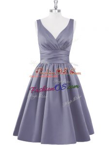 Sleeveless Satin Knee Length Zipper Prom Evening Gown in Grey with Ruching