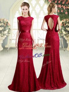 Hot Sale Sweep Train Mermaid Prom Dress Red Scoop Sleeveless Backless