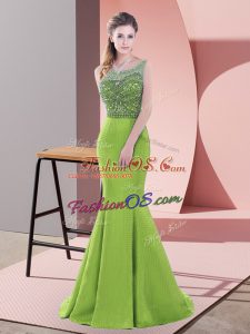 Ideal Green Prom Dresses Satin Sweep Train Sleeveless Beading and Lace