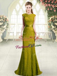 Dramatic Gold Backless Custom Made Cap Sleeves Sweep Train Beading and Lace