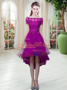 Stunning High Low Purple Prom Gown Off The Shoulder Short Sleeves Lace Up