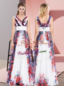 Cute White Empire V-neck Sleeveless Chiffon Floor Length Lace Up Pattern Prom Dresses